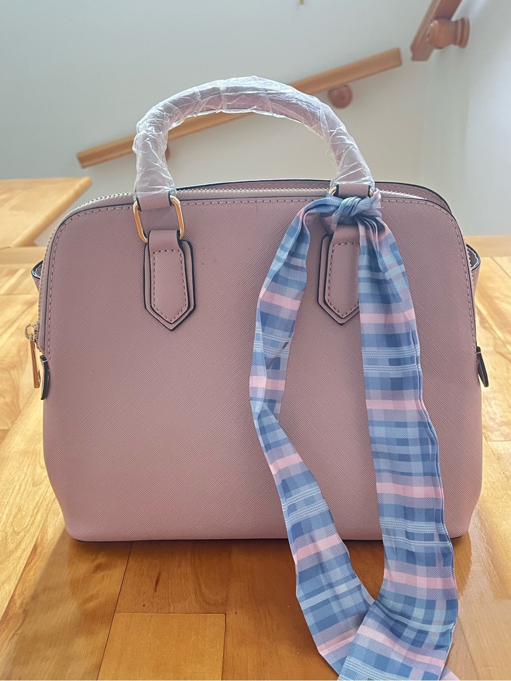 CALL IT SPRING Pink Satchel with Plaid Scarf Accent